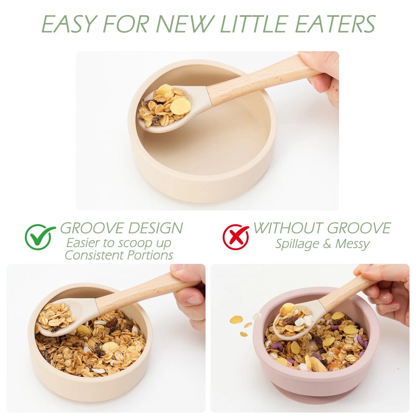 Inner groove on the rim helps scoop food onto a spoon