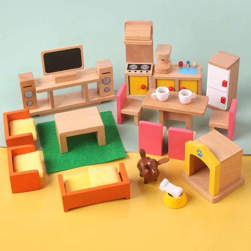 Colorful wooden toy furniture set on a yellow and blue gradient background