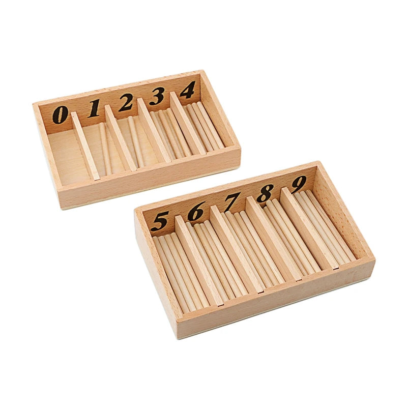 Empty spindle boxes labeled 0 to 4 and 5 to 9