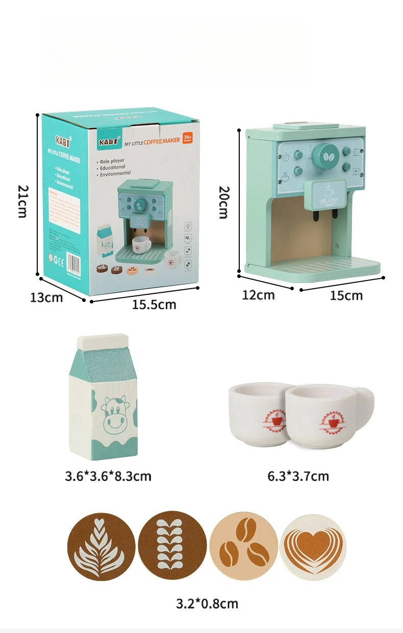 Measurement chart of a toy espresso machine set with packaging, milk carton, cups, and coffee bean icons.