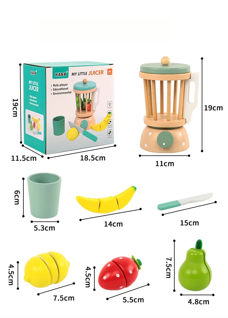 Children's toy juicer set with dimensions and packaging displayed.