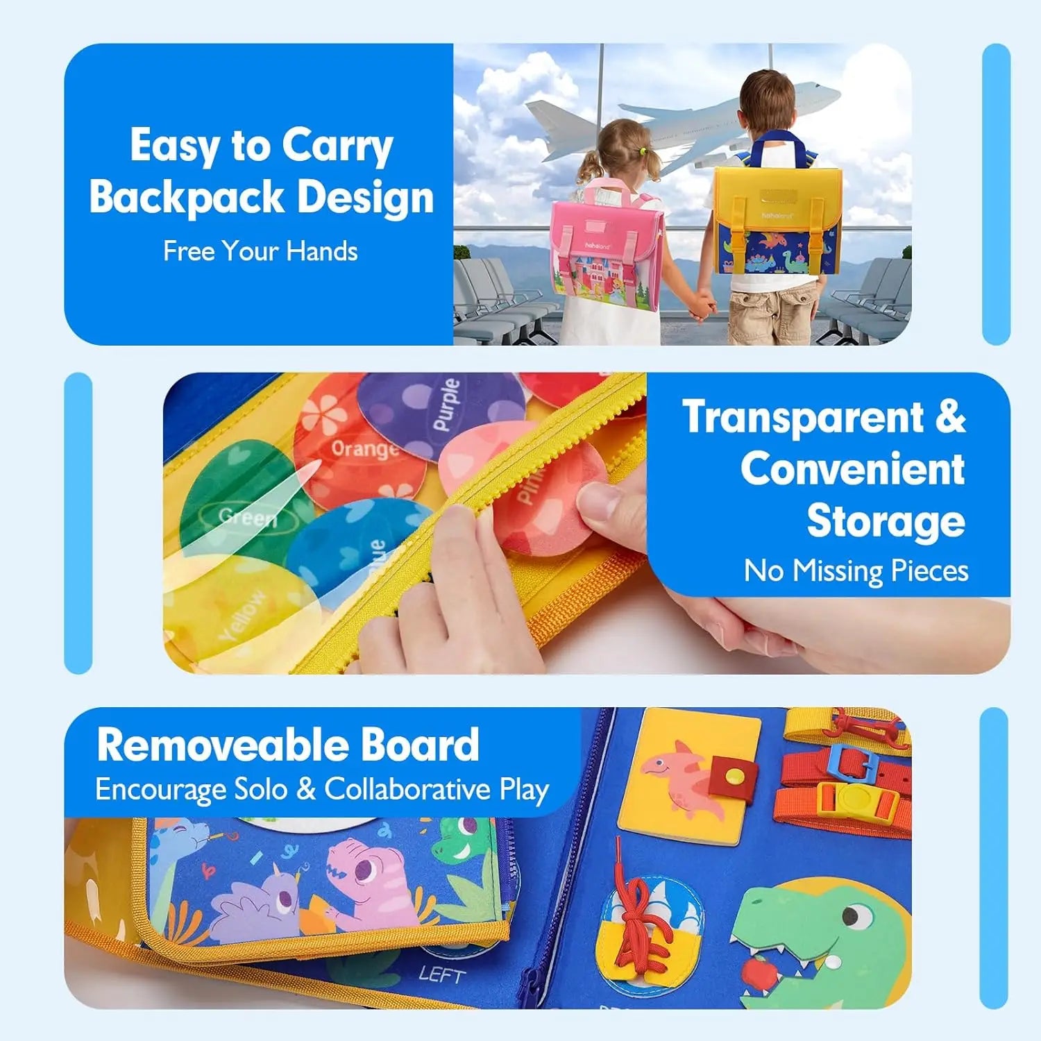 Children with backpacks, colorful transparent storage box, and a removeable board with animal illustrations.