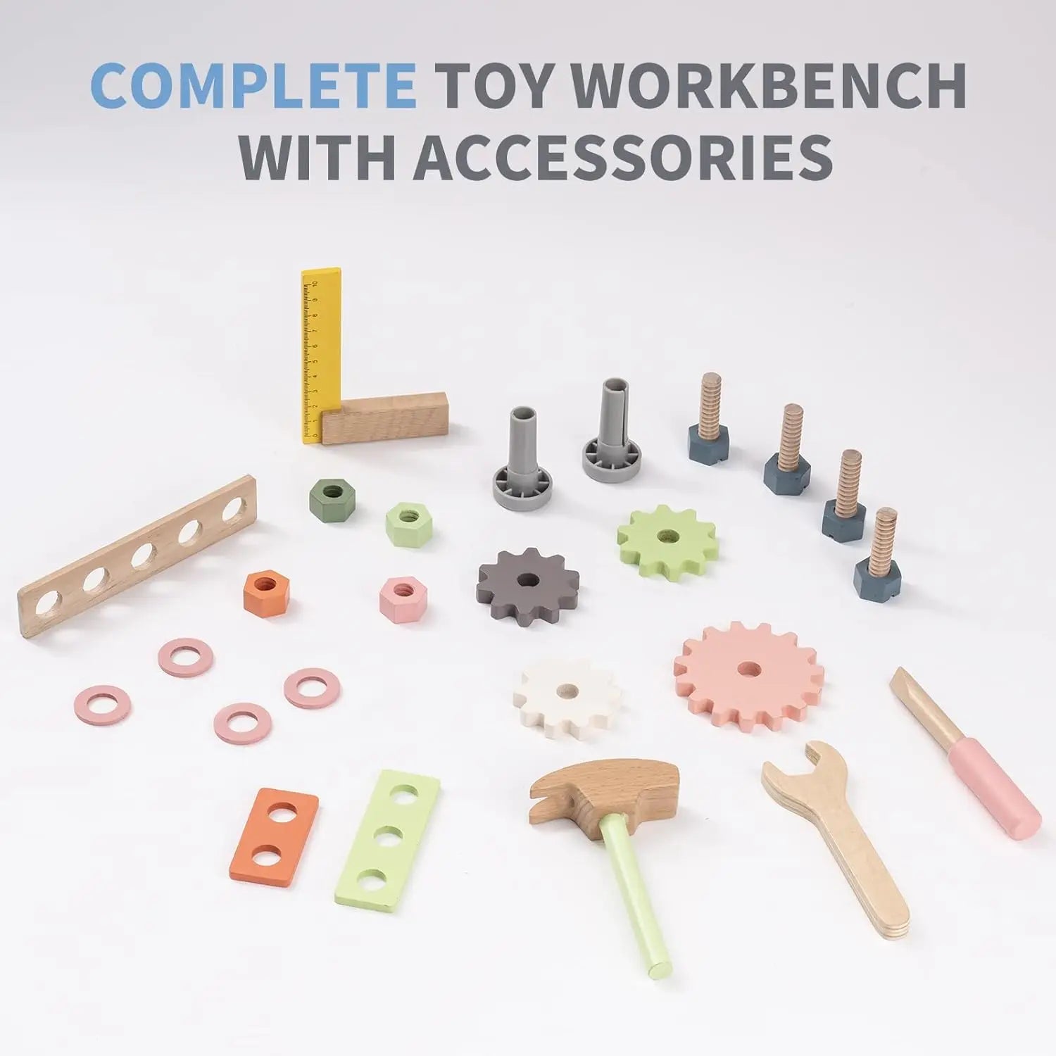 Toy workbench set with various accessories on a white background