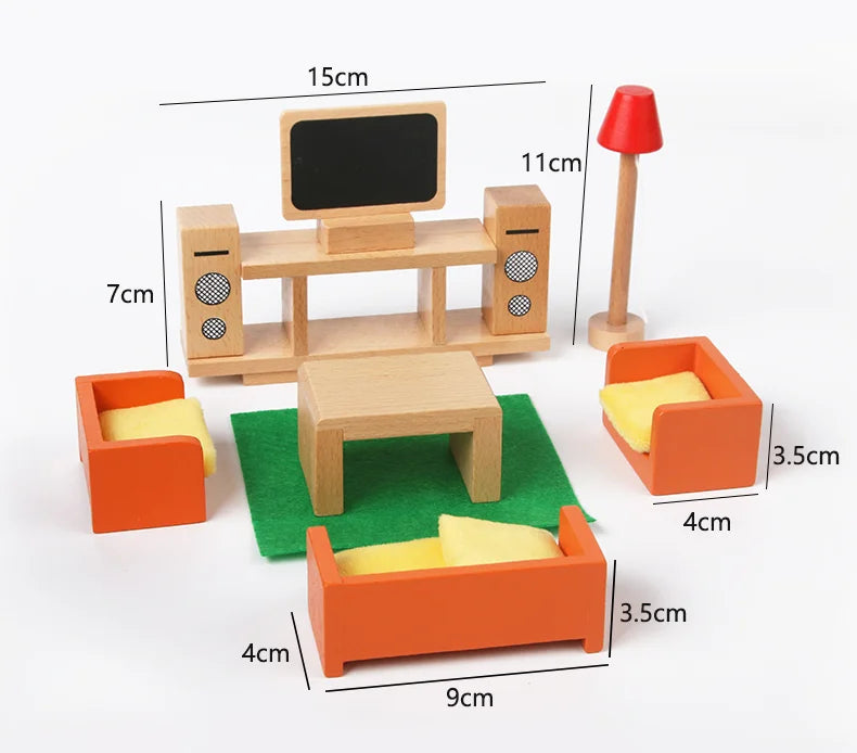 Wooden toy furniture set with dimensions on a white background