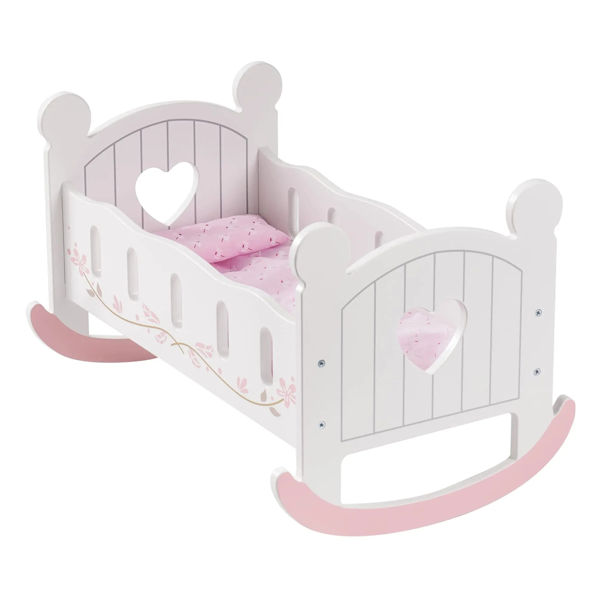 White and pink rocking crib with heart designs on a white background