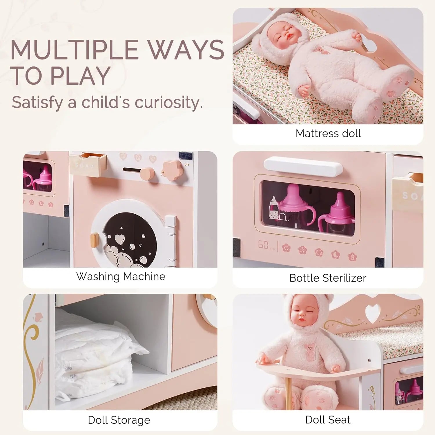 Collage of a toy playset with various features and text 'Multiple Ways to Play'.