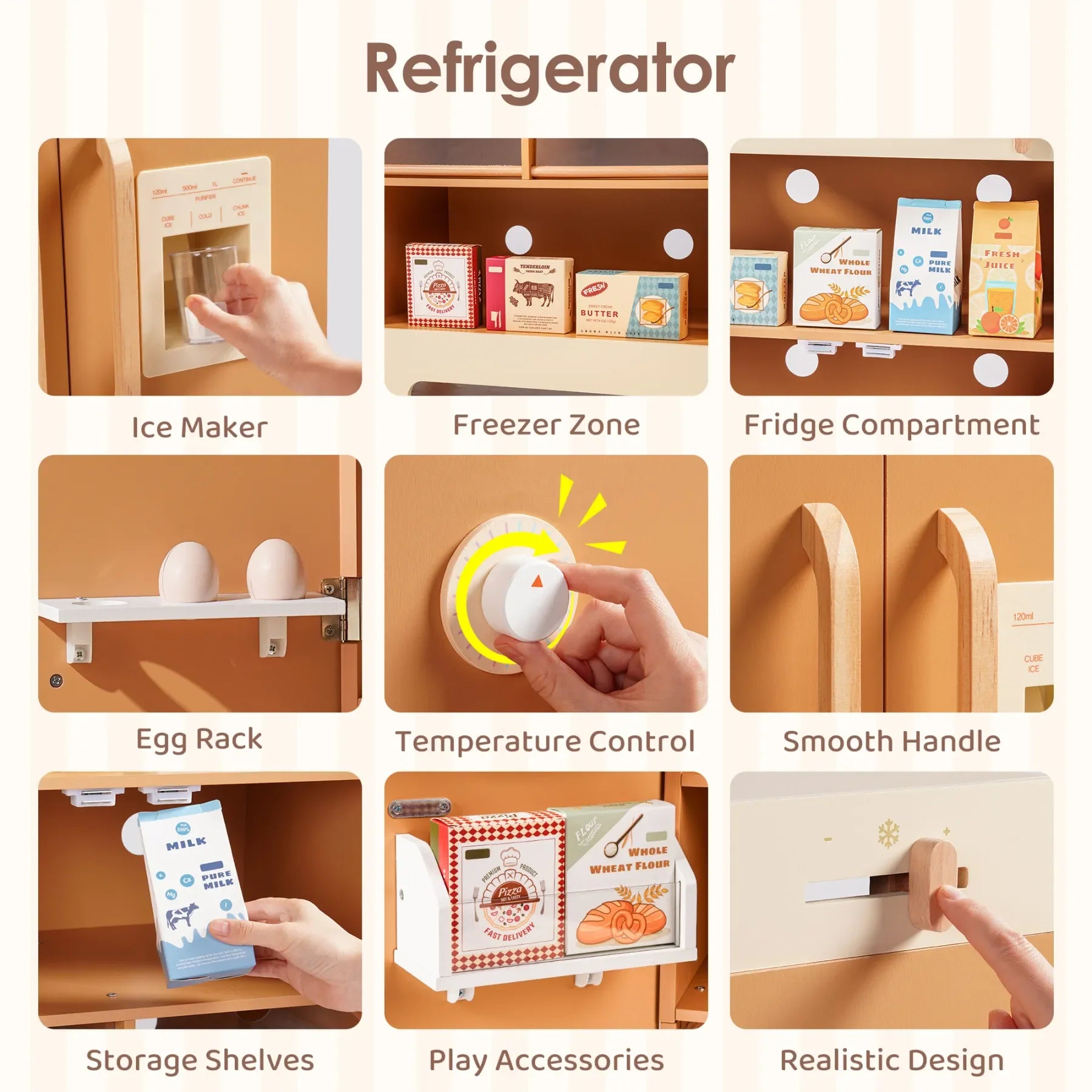 Collage of a refrigerator with labeled sections including ice maker, freezer zone, fridge compartment, egg rack, temperature control, smooth handle, storage shelves, play accessories, and realistic design.
