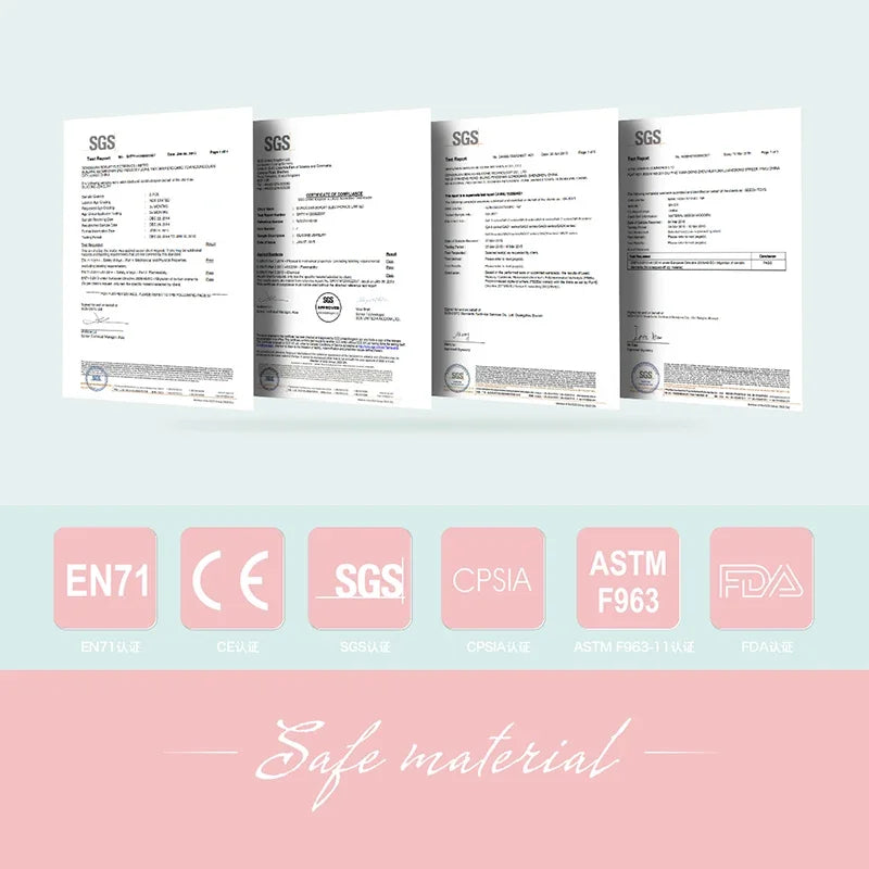 Certification documents and safety standards logos on a light blue background with 'Safe material' text.