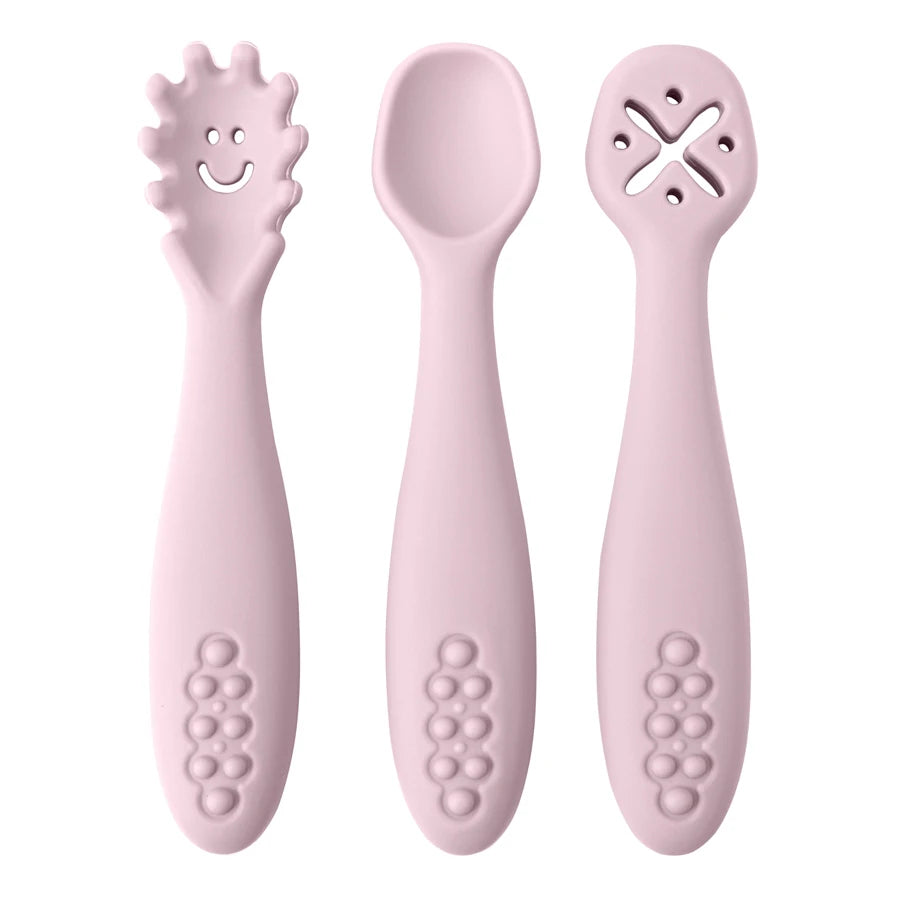 Light pink 3-piece silicone learning spoon set