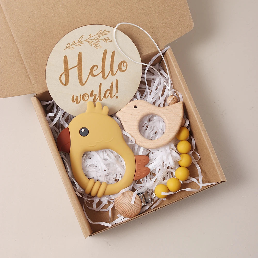 Baby teething toy set with 'Hello world!' sign in a box on a beige background