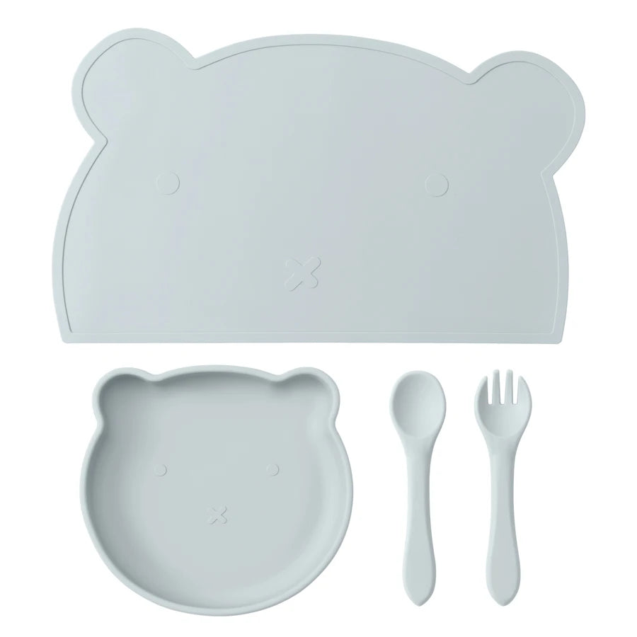 Grey blue bear placemat, plate, spoon and fork