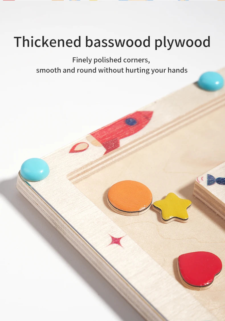 Wooden shape sorting toy with colorful shapes on a white background Shape Maze – Magnetic Sorting Board | Oliver Montessori Toys