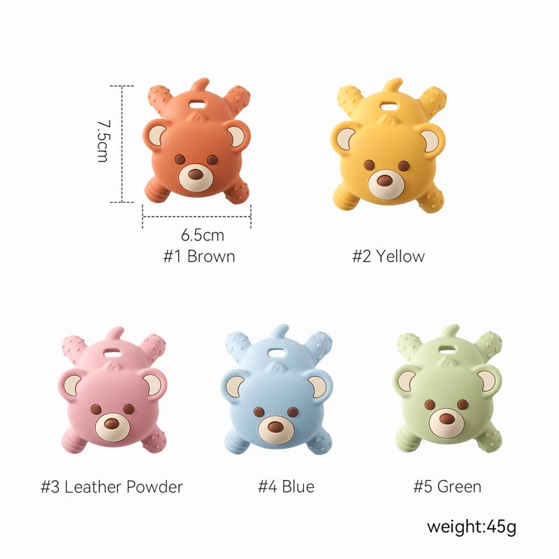 Five bear-shaped toys in different colors with measurements and weight information on a white background.