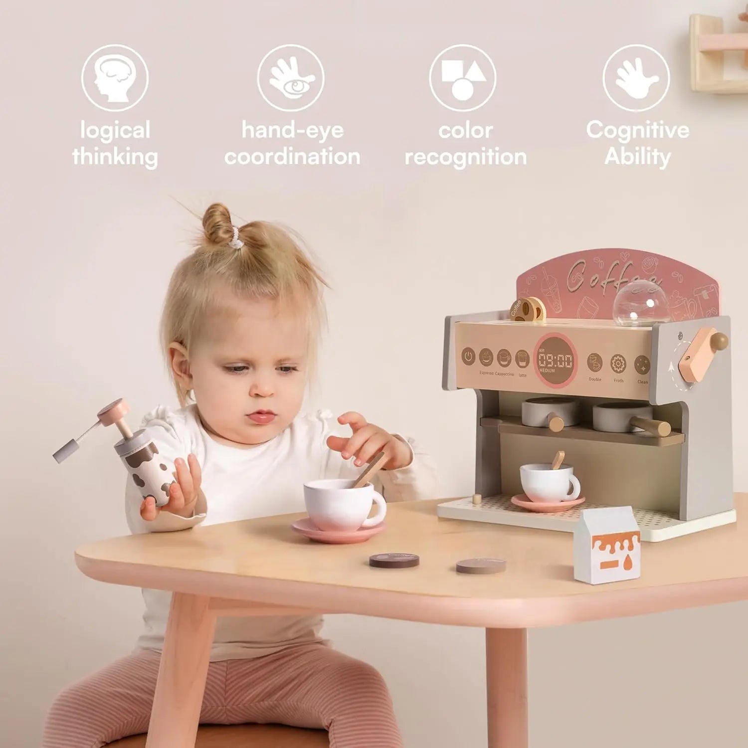 Child playing with a wooden coffee set on a table, with educational icons above.
