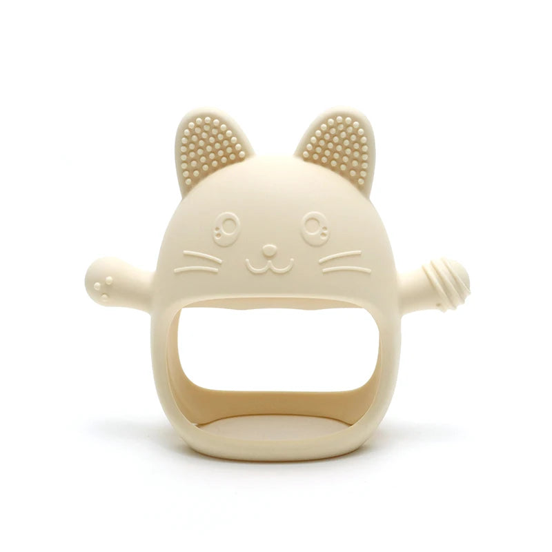 Cat-shaped baby teether on a white background