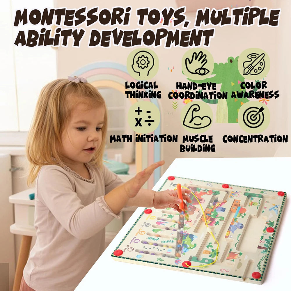 Child playing with a Montessori educational toy, surrounded by developmental benefits text.
