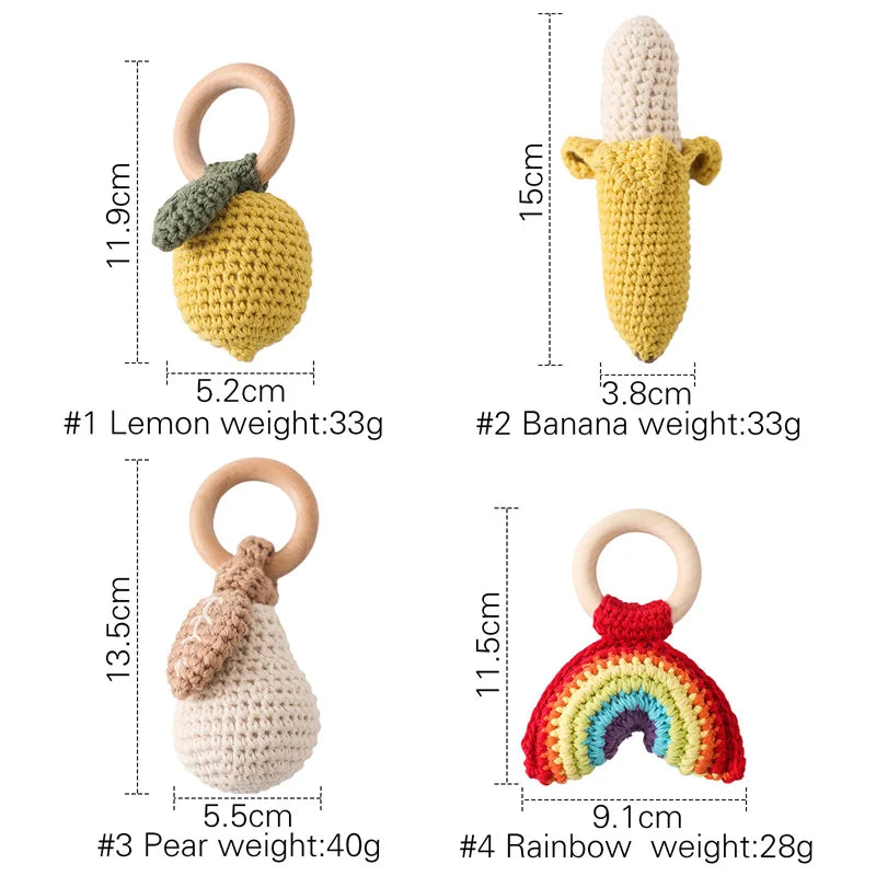 Crocheted toys with measurements and weights on a white background