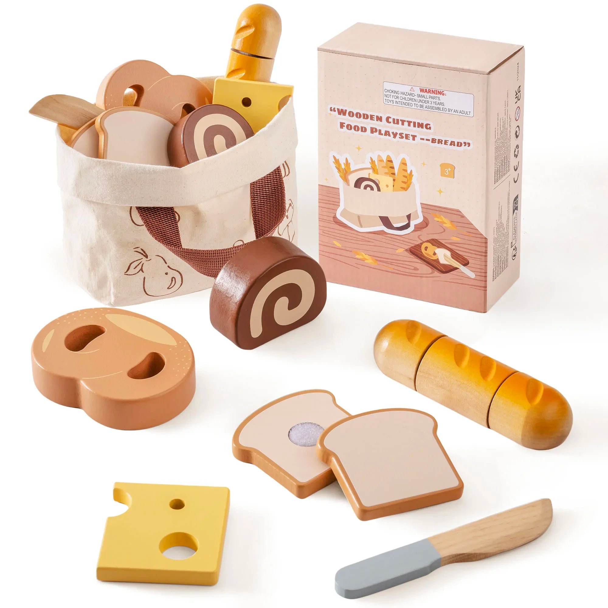 Wooden toy food set with packaging on a white background