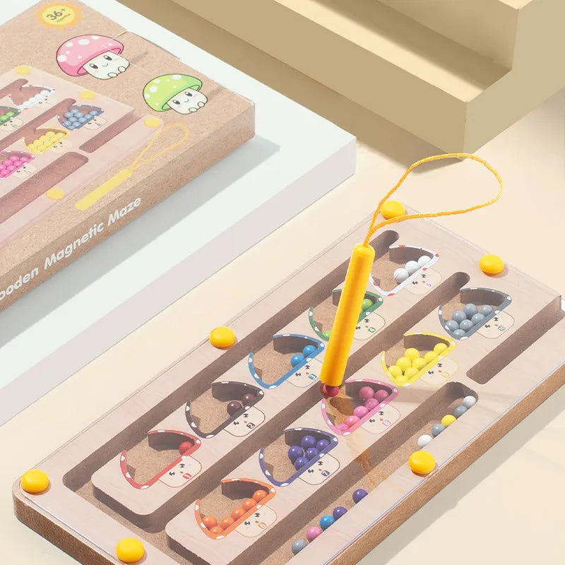 Wooden magnetic maze toy with colorful beads on a light surface