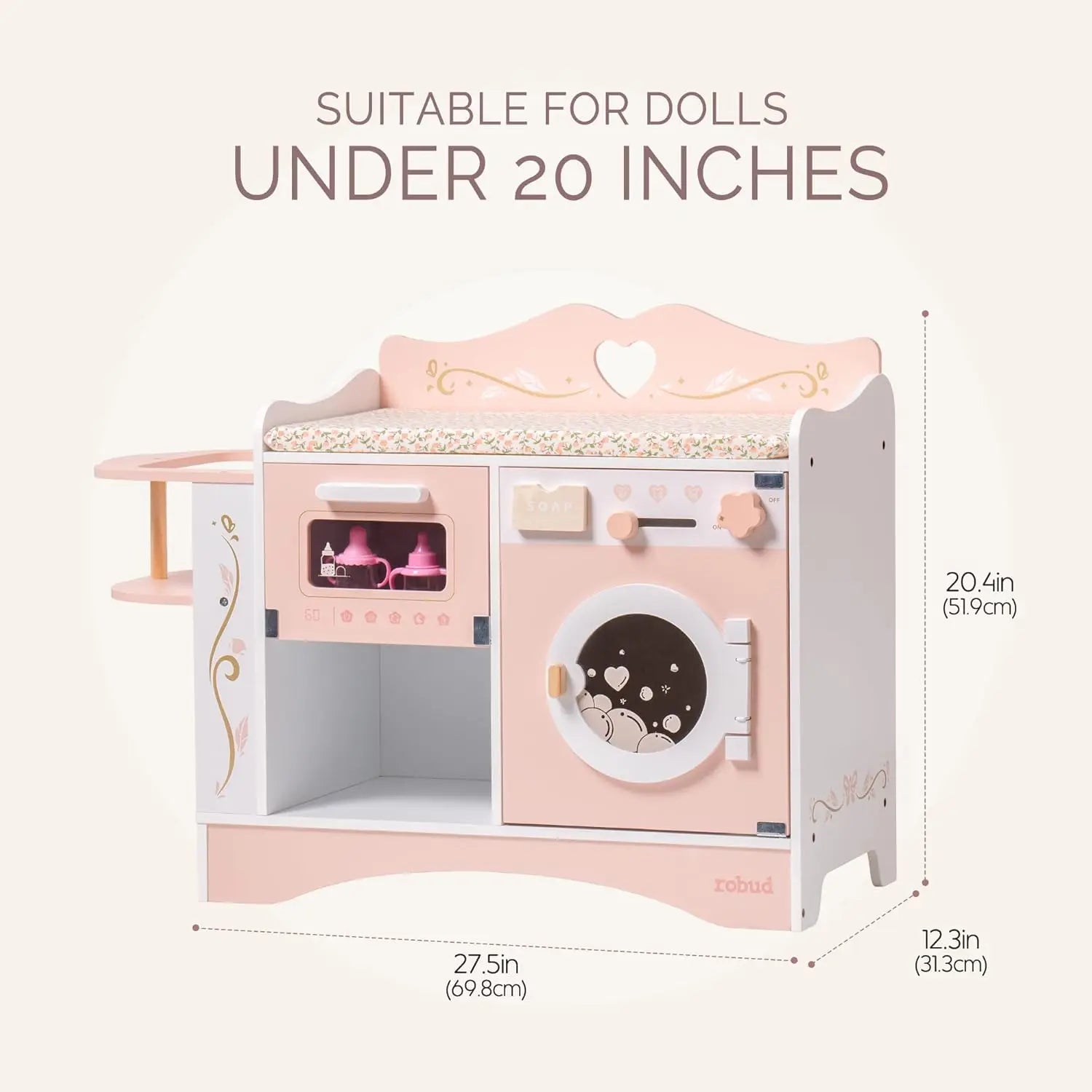Pink toy kitchen set with dimensions on a white background
