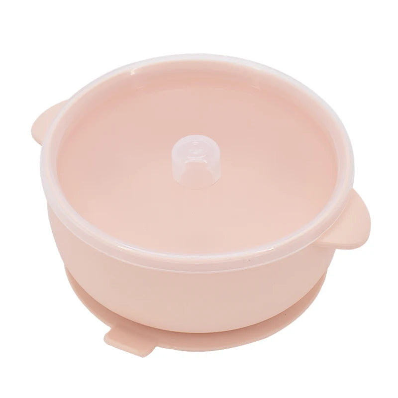 Pale peach two-handle suction bowl with clear lid