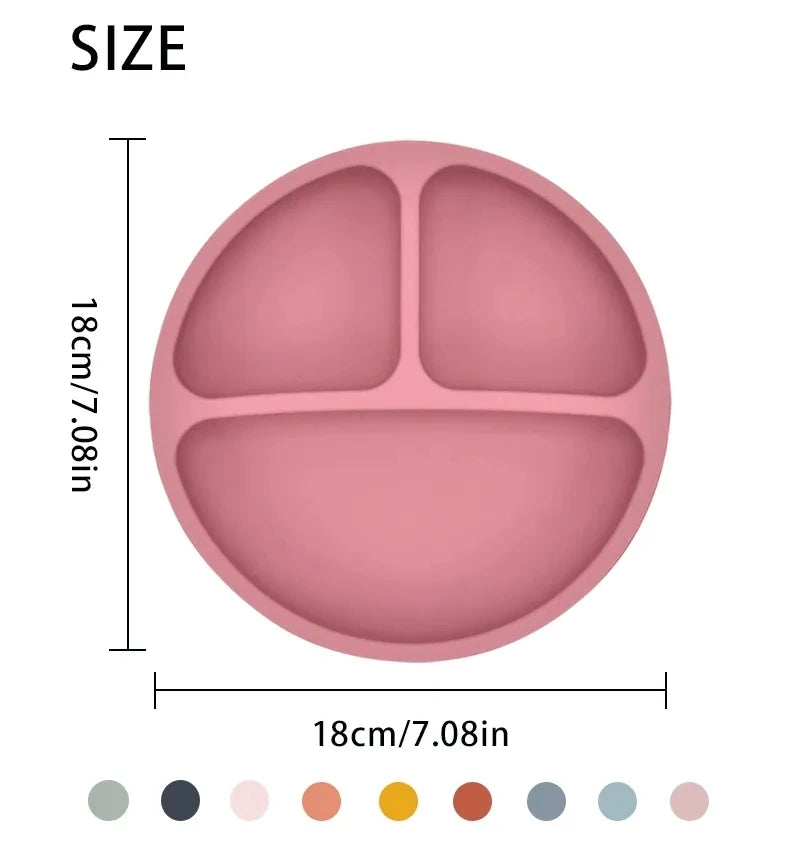 Pink silicone plate with three sections and measurements on a white background