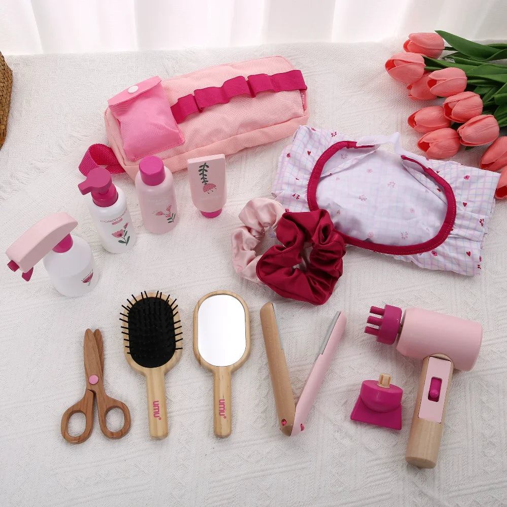 Collection of hair care products including brushes, bottles, and accessories on a light surface with tulips.