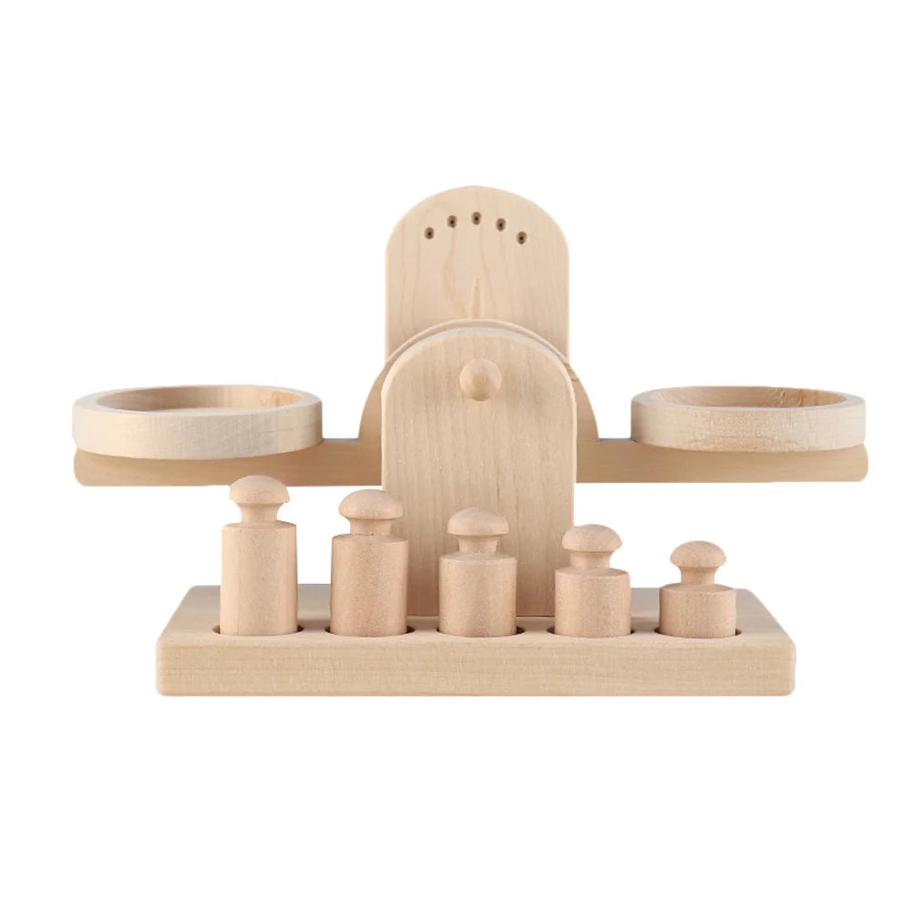 Wooden Balance Scale Toy featuring detachable weights, designed to promote learning and creativity in children, aligning with Montessori educational principles.