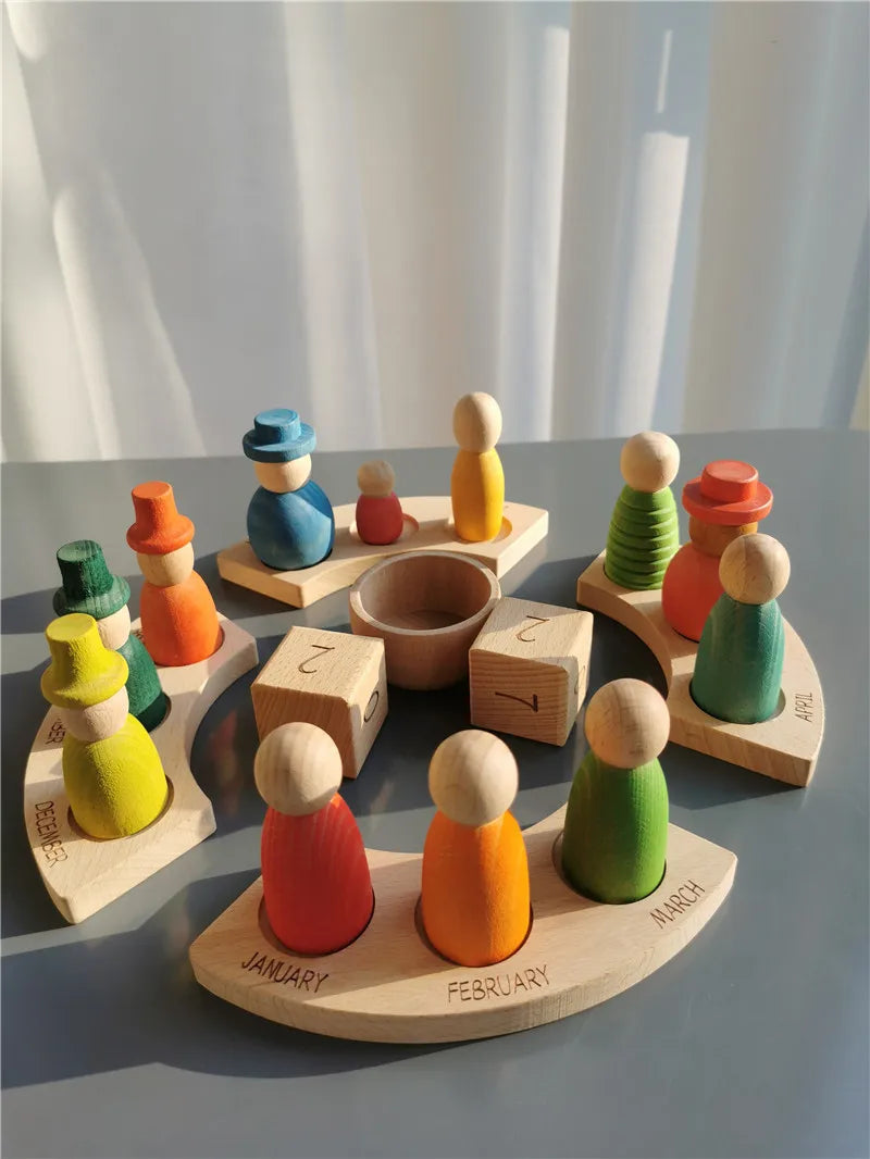 Wooden Calendar Peg Dolls Set - Montessori Time Learning Toy