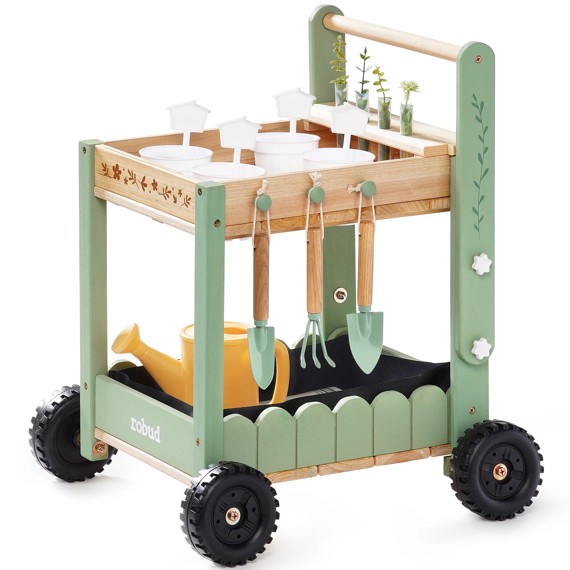 Wooden Kids Garden Cart with Tools and Planters