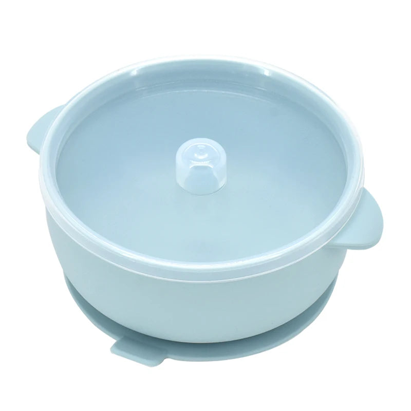 Light blue two-handle suction bowl with clear lid