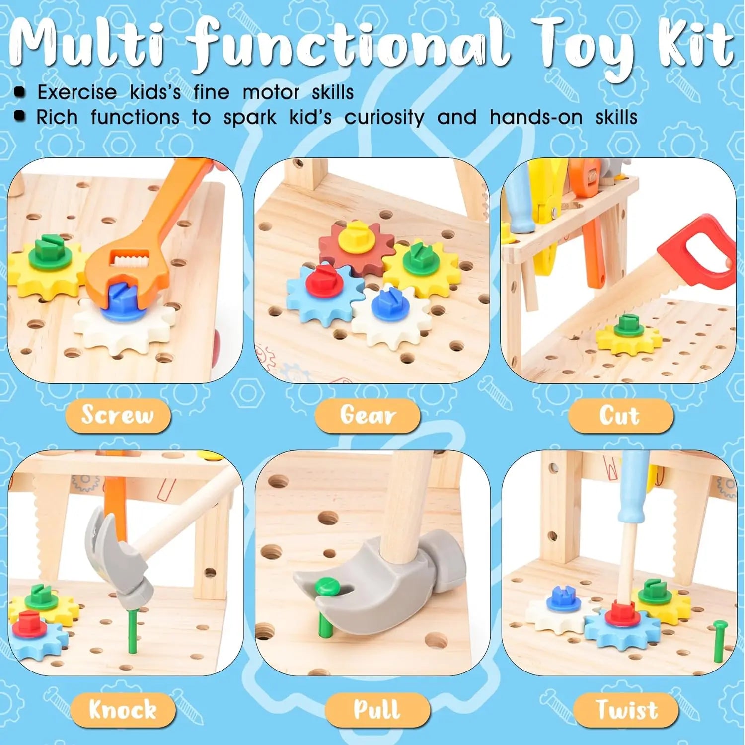 Wooden Tool Bench for Kids Pretend Play Construction Toy