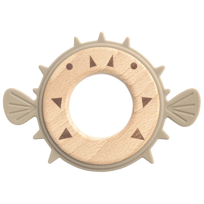 Taupe pufferfish teether with wooden ring