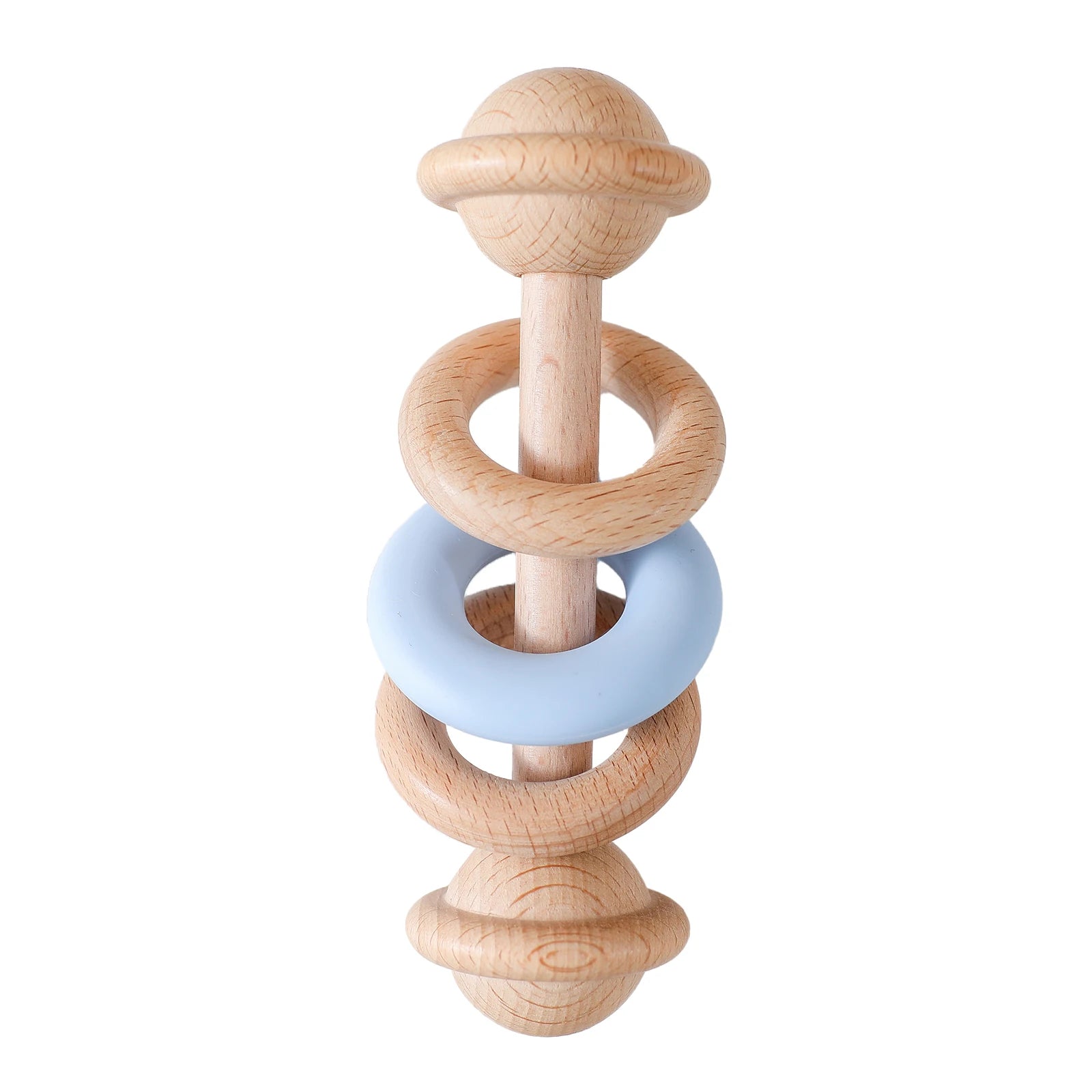 Wooden Baby Rattles with Silicone Rings featuring smooth wooden textures and silicone rings, designed for sensory exploration and motor skill development in infants.