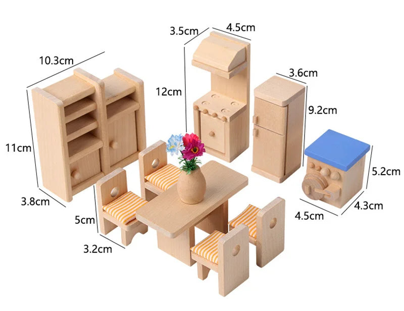 Set of wooden furniture with dimensions labeled on a white background