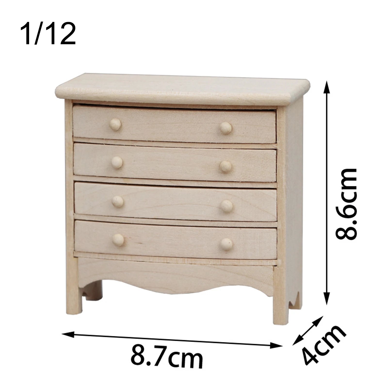 Small wooden dresser with dimensions labeled on a white background
