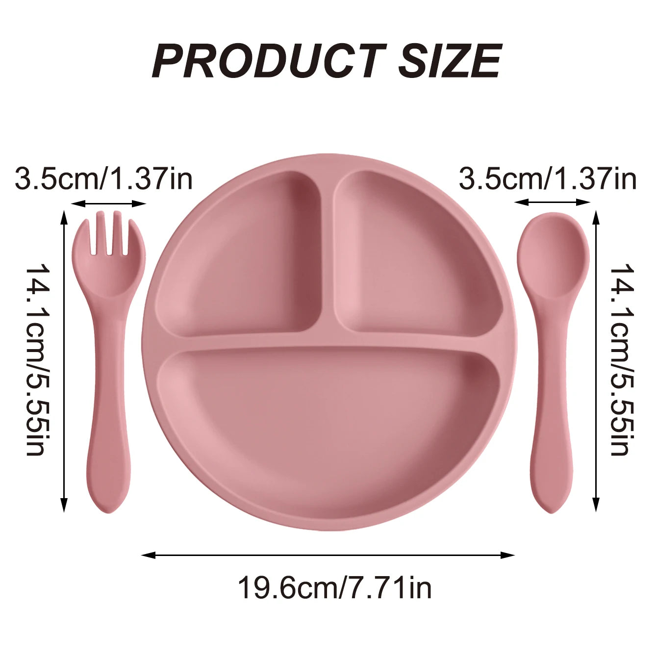 Plate 19.6cm wide, spoon and fork 14.1cm
