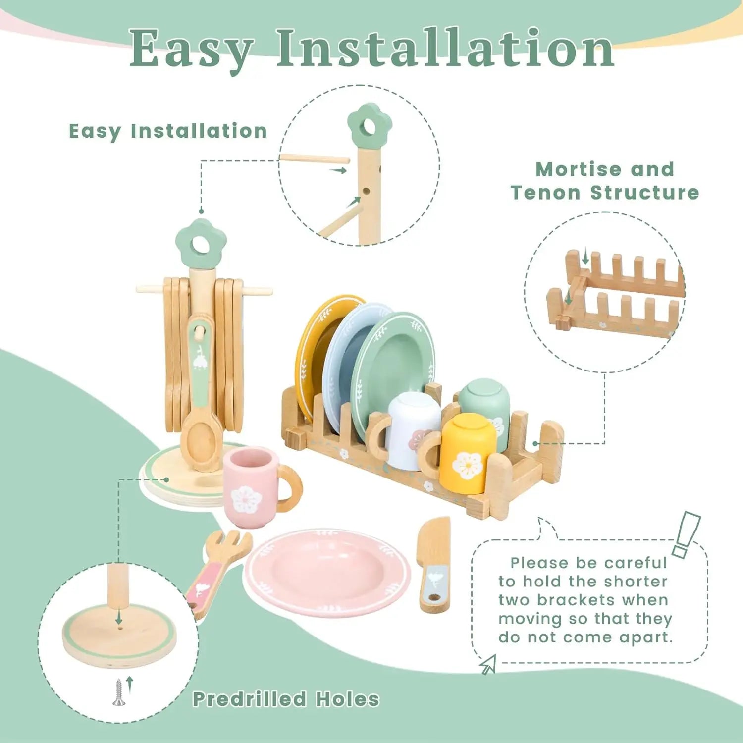 Wooden kitchen set with easy installation features on a green and white background