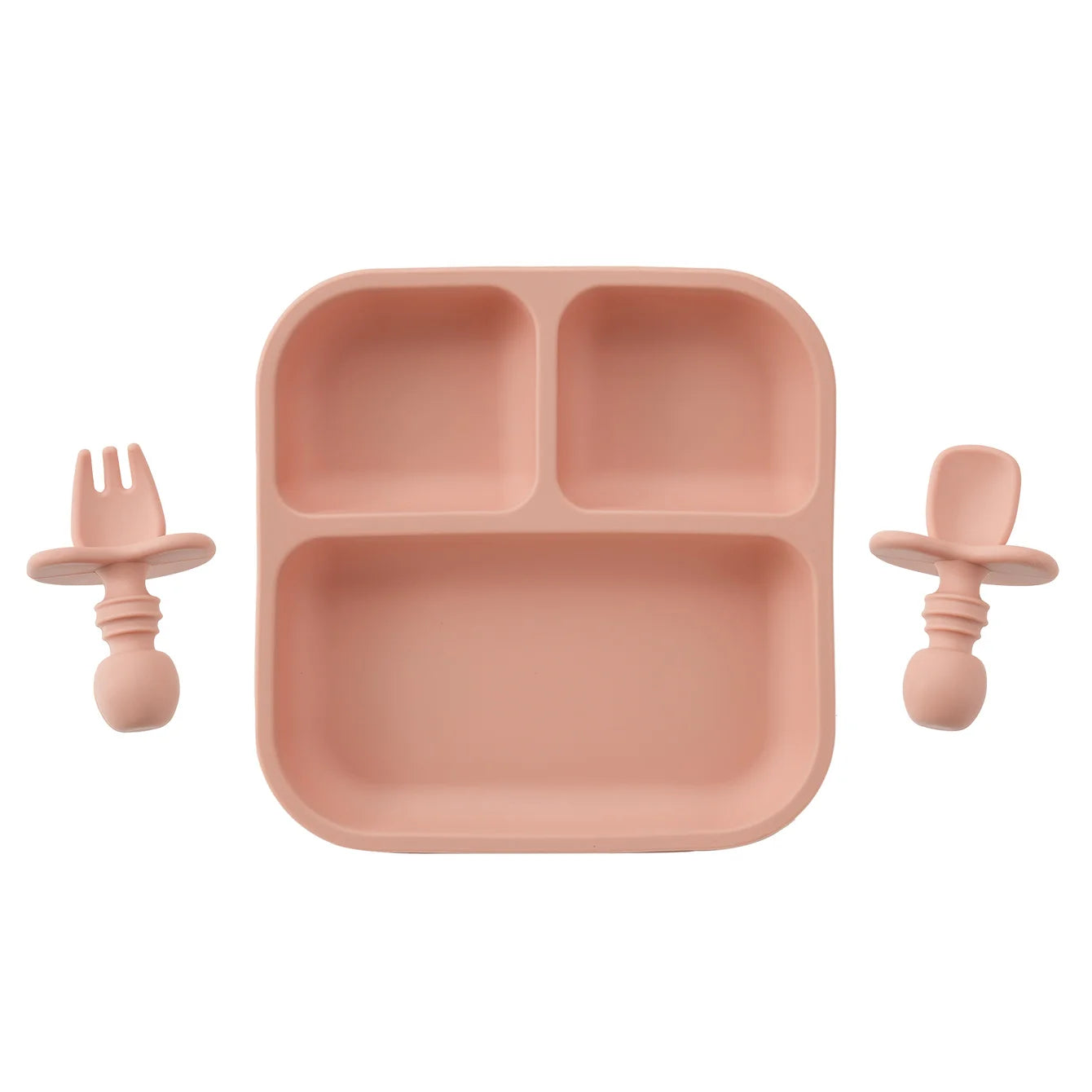 Square silicone suction plate set with spoon and fork in Muted