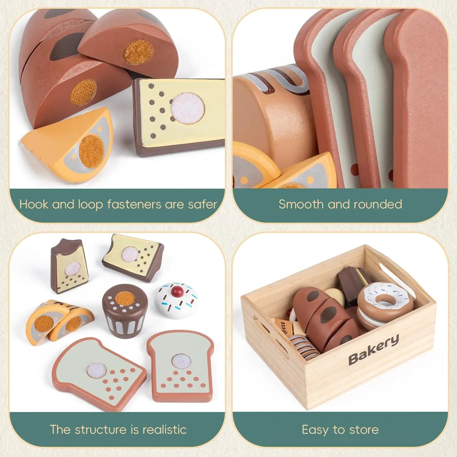 Collage of wooden bakery toys with safety features highlighted.