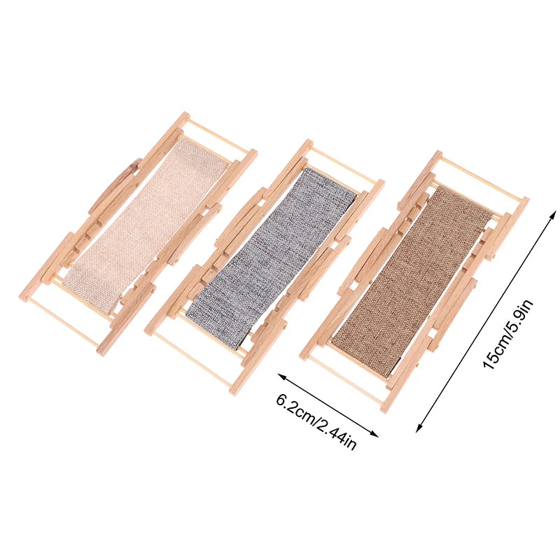 Three cat scratchers with different textures on a white background, showing dimensions.