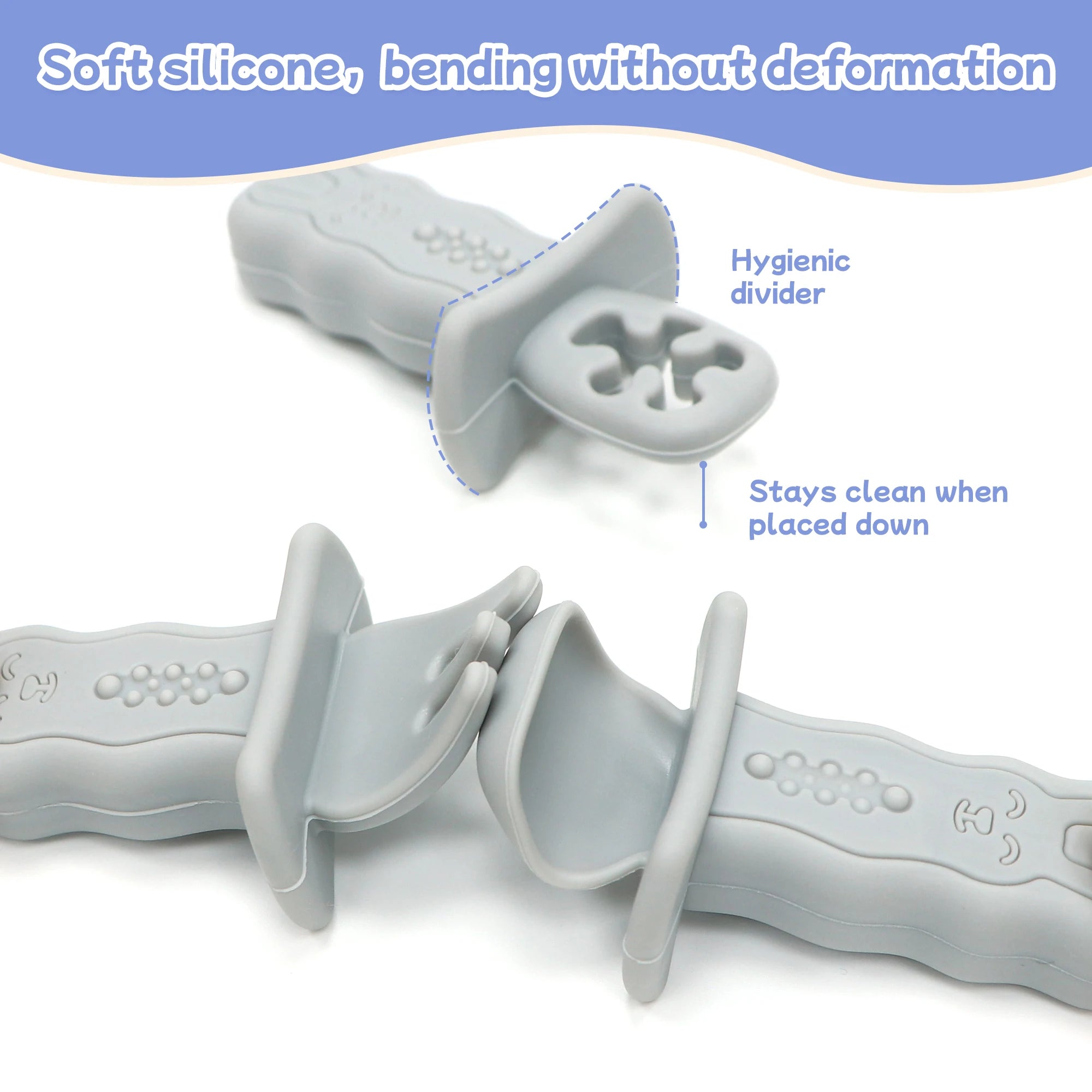 Gray silicone divider with text highlighting its properties on a white background