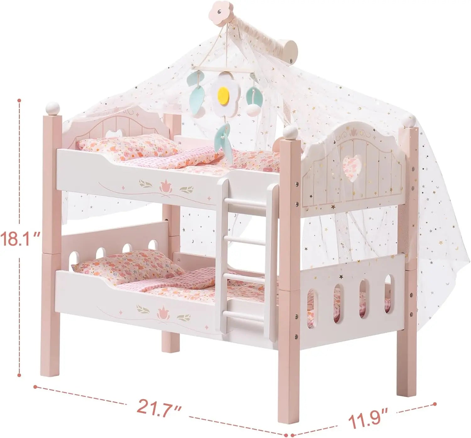 Children's bunk bed with canopy, dimensions indicated, on a white background