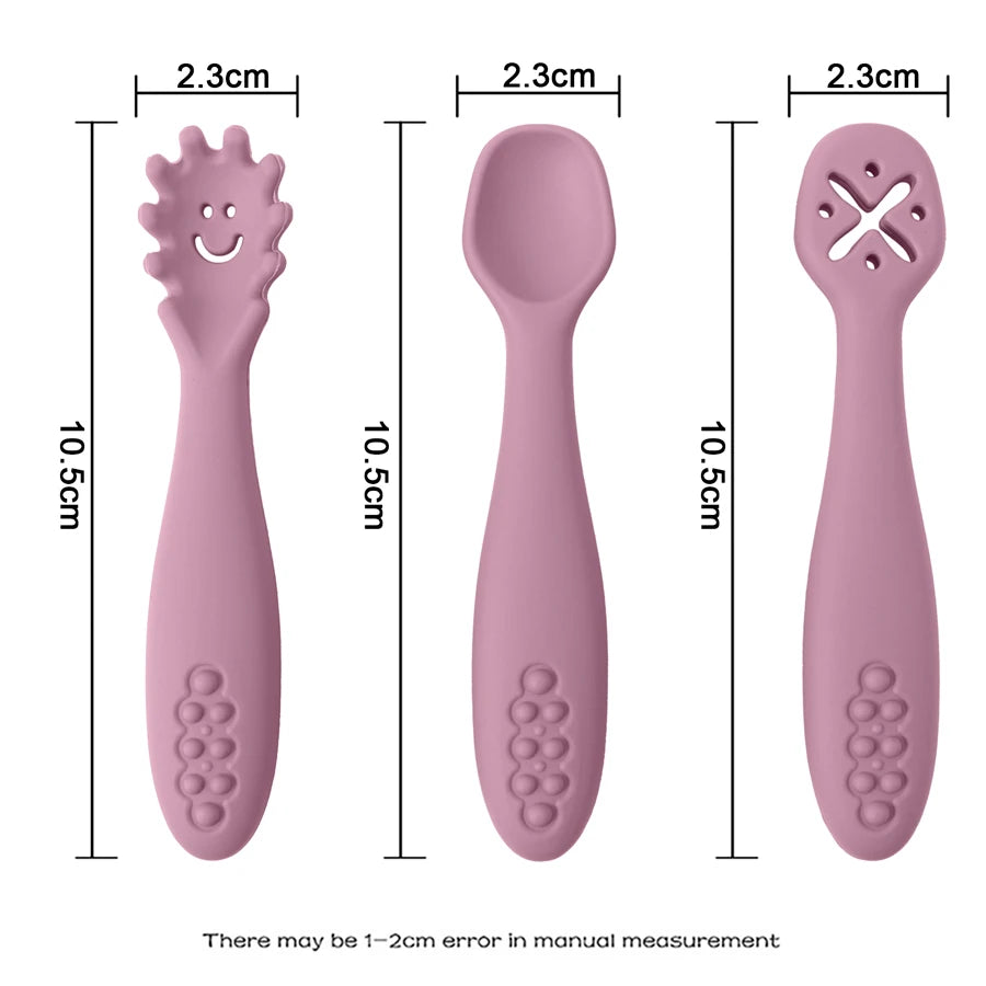 Three silicone learning spoons, each 10.5cm long and 2.3cm wide