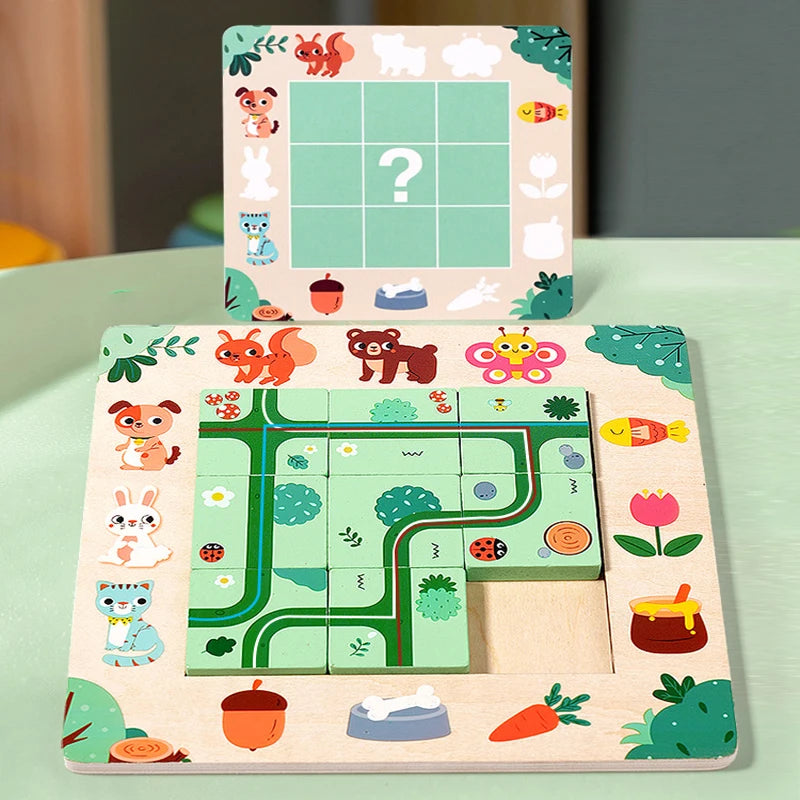 Montessori Wayfinding Puzzle Board featuring cartoon animal designs, enhances learning through fun, hands-on activities, ideal for children aged 3-6.