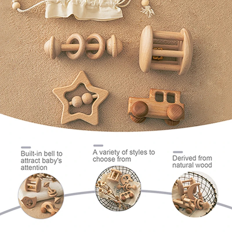 Collection of wooden baby toys on a beige surface with text describing features.