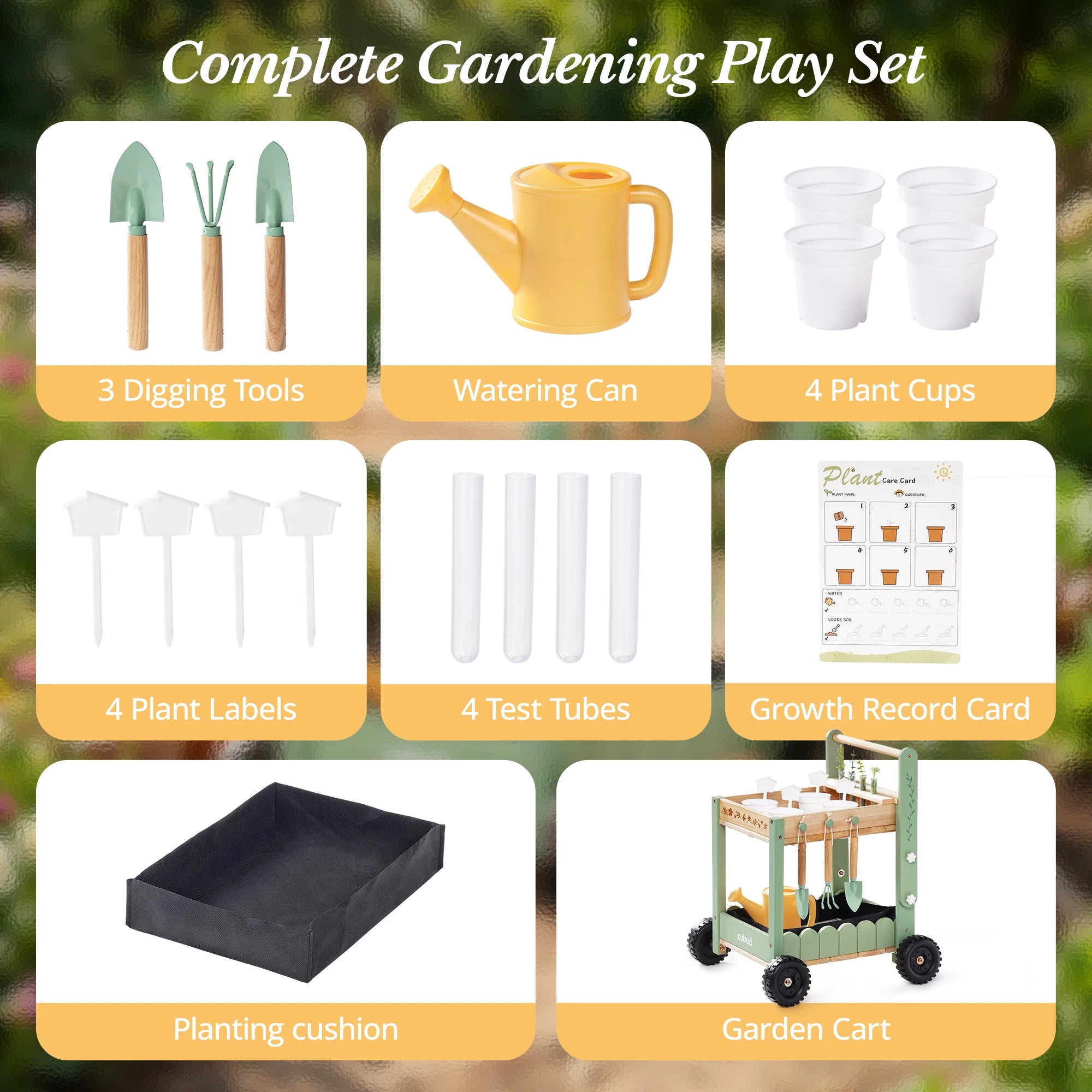 Wooden Kids Garden Cart with Tools and Planters