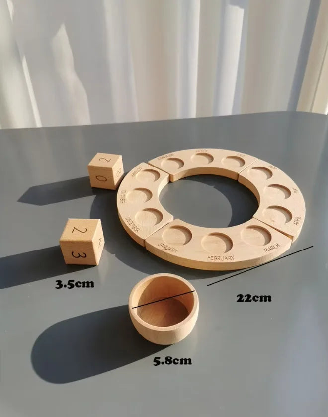 Wooden measuring tool set on a gray surface with measurements indicated.