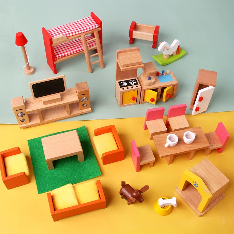 Set of colorful wooden toy furniture on a yellow and blue gradient background