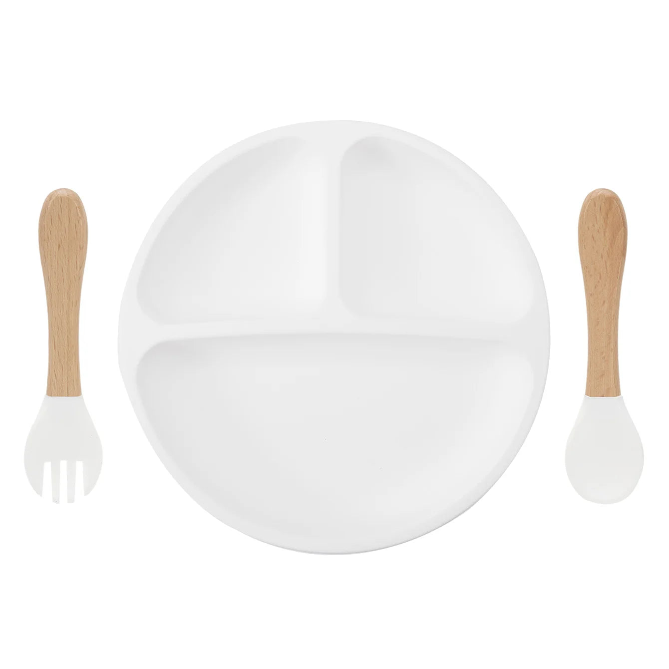 Silicone divided suction plate with wooden spoon and fork in White